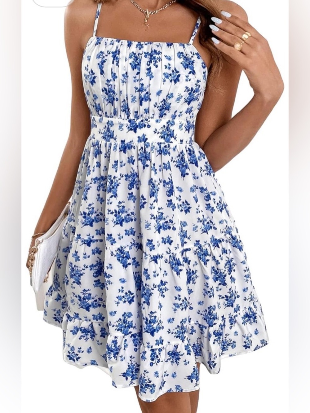 Verdusa Sz Large white and Blue Floral Print Summer Sun Dress